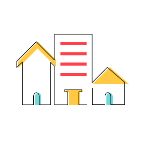 Stylized "Building Sustainable Supply" icon of a large list, flanked by two houses (CZI Housing Affordability).