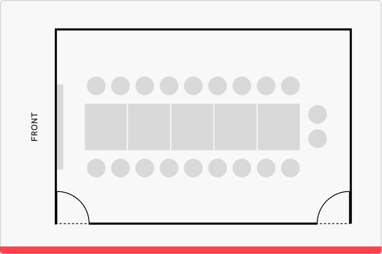 Simple top-down drawing of the CZI Community Space Redwood conference room, including a long table surrounded by 20 chairs.