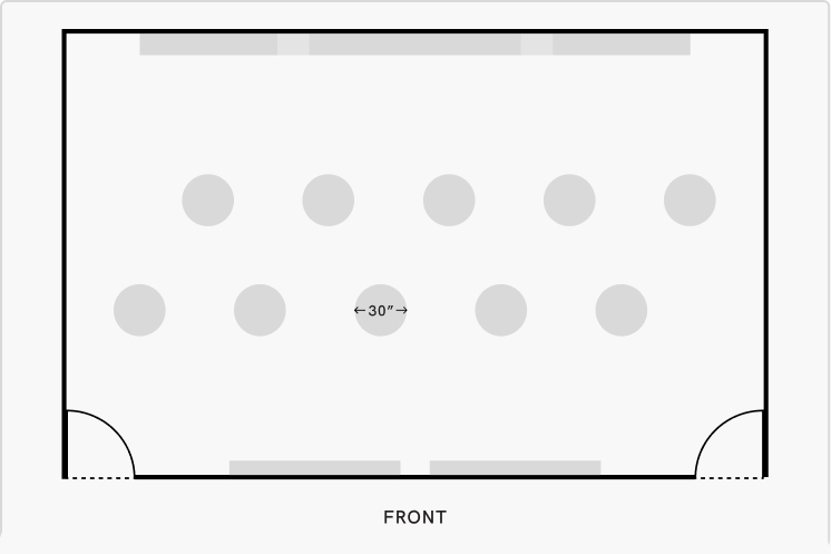 Simple top-down, "mix-mingle" layout drawing of the CZI Community Space main event space, with two rows of 5 circles, each representing space for a group of people.