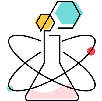 Stylized "Science Funding" icon of a beaker being circled by an electron, with a molecular structure of two hexagons on top.