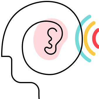 Stylized "Hear Rare Disease Stories" icon of a human head and ear, with blue, yellow and red audio waves emanating from the right.