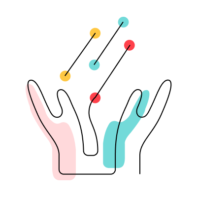 Stylized "Explore Our Grant Resources" icon of two raised hands beneath three lines capped with yellow, blue and red dots.