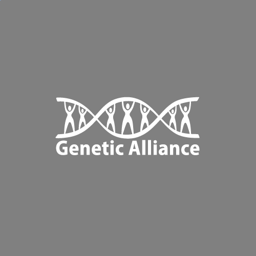 Genetic Alliance logo with horizontal DNA helix containing tiny human figures in each gap supporting the strands, white on gray background.