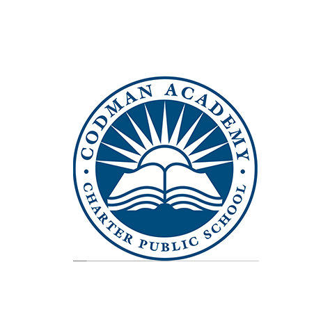 Circular Codman Academy Charter Public School logo, with blue and white text, and a stylized sun rising over an open book in the center (CZI Education Resource Library).