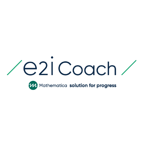 e2i Coach logo, in dark blue and green with diagonal lines on each side, and a circular "M" icon beside "Mathematica solution for progress" below (CZI Education Resource Library).