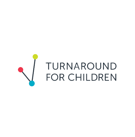 Turnaround for Children logo, with black text and v-shaped icon of two lines connected by red, blue, and yellow dots at left (CZI Education Resource Library).