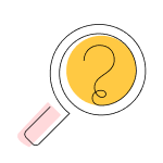 Stylized "We continue to learn" icon of a magnifying glass containing a question mark.