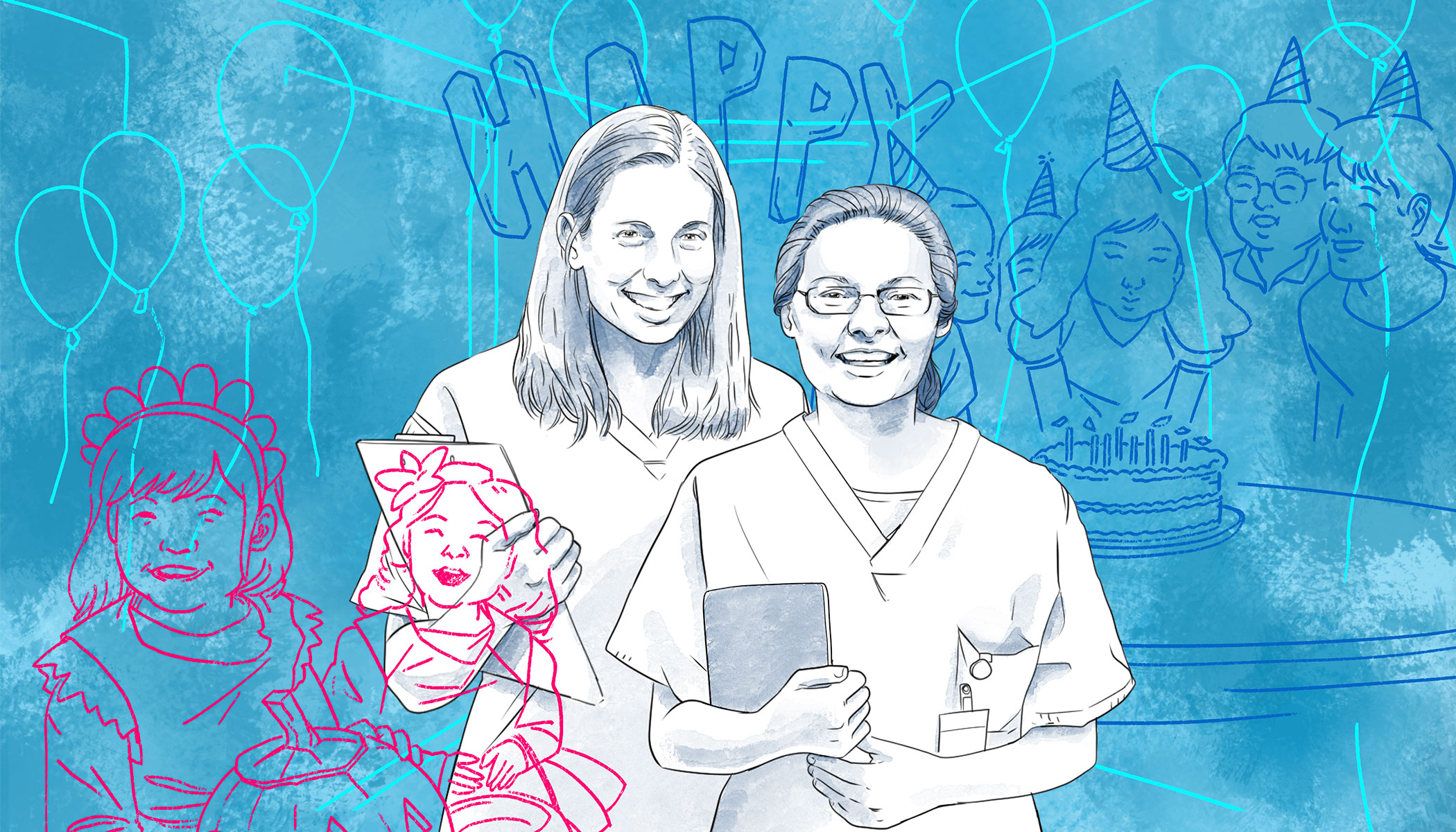 An illustration of two women smiling, and illustrations of children behind them. 