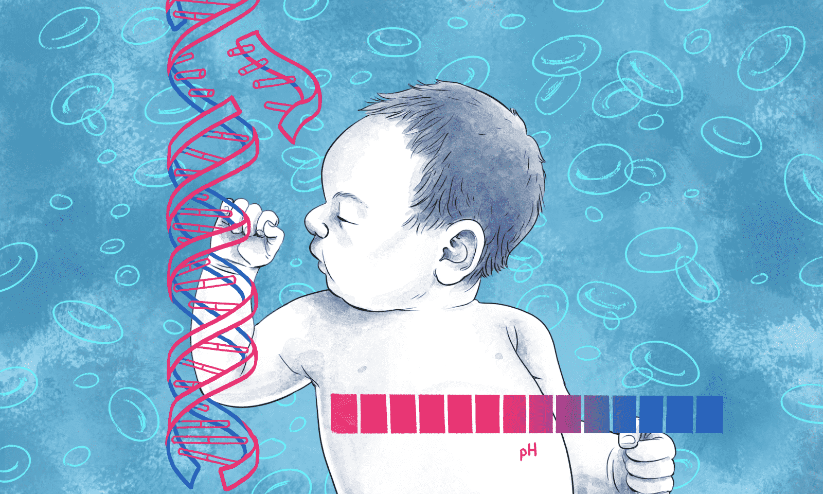 Illustration of the newborn baby patient with pH level marker and DNA double helix symbols.