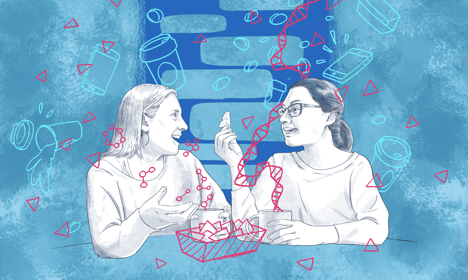 Illustration of two women sitting together and talking while drinking from mugs and eating nachos.