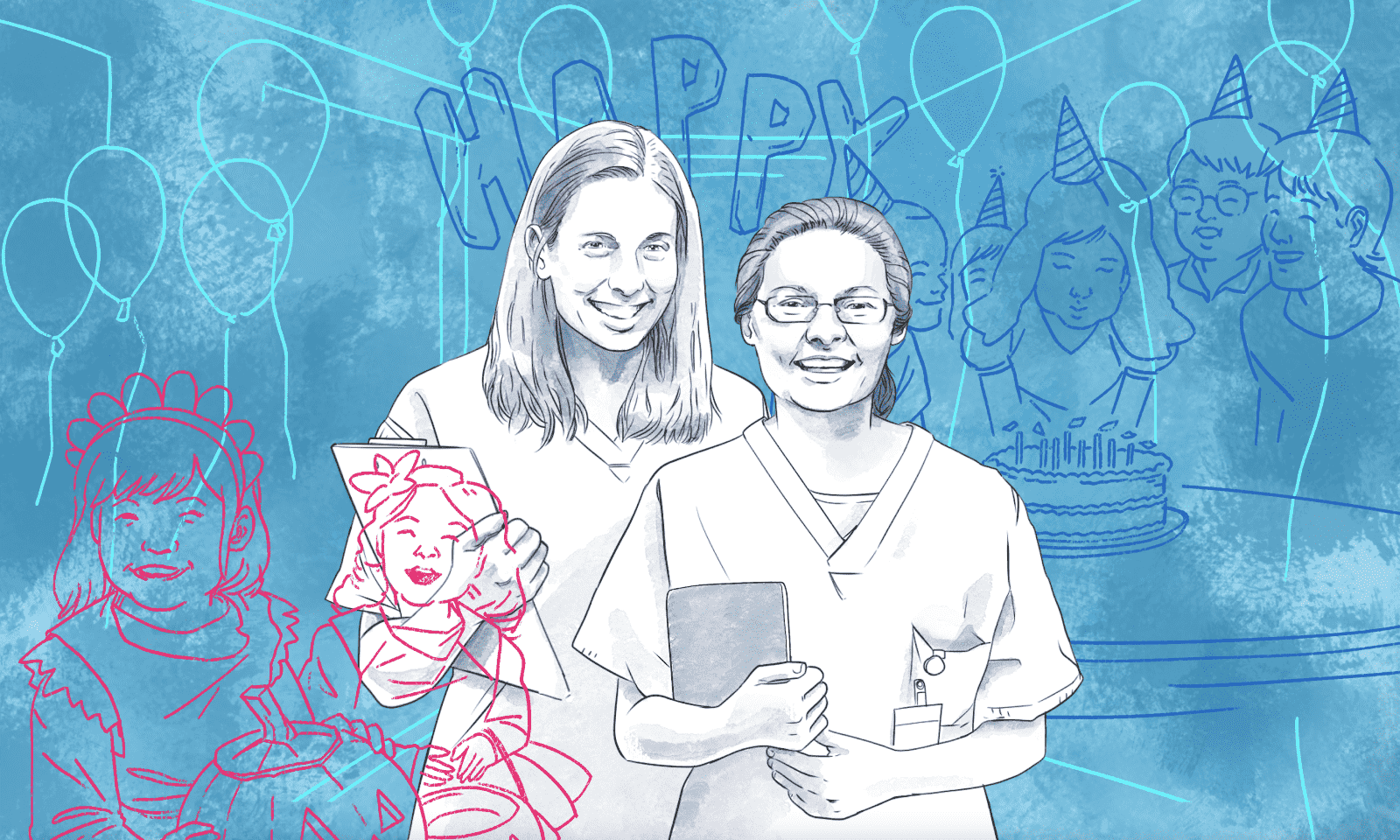 Illustration of two female physician scientists wearing medical scrubs and holding clipboards.