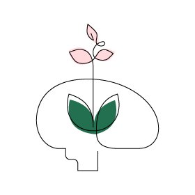 Stylized Education icon of the outline of a brain with a flowering plant rising up in front of it.