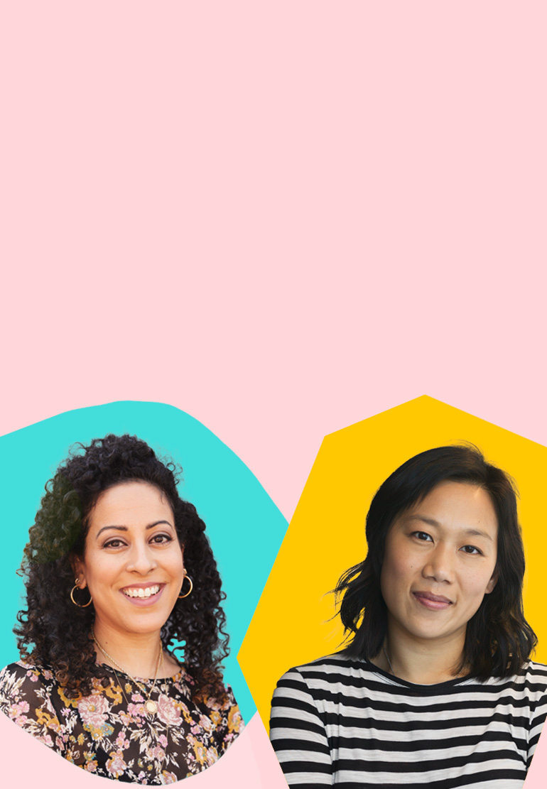 Two women with pink, gold and teal illustrations behind them smile.