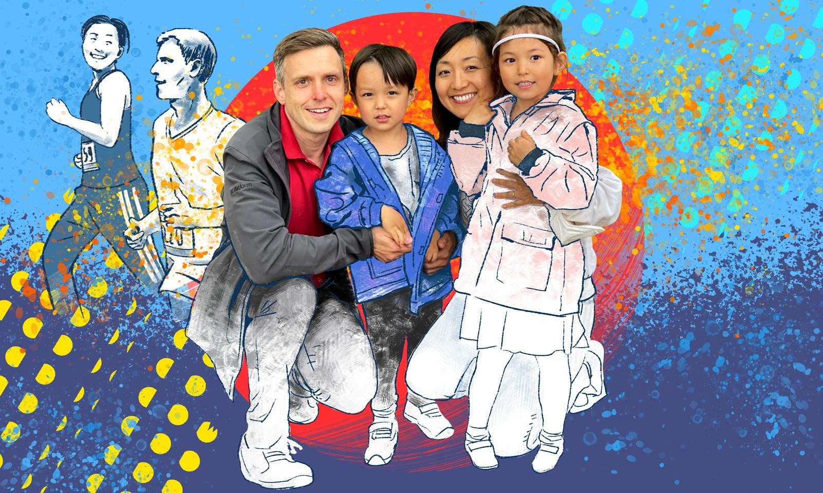 Two parents kneels and pose with their two children. Everyone smiles and illustrations of marathon runners are in the background.