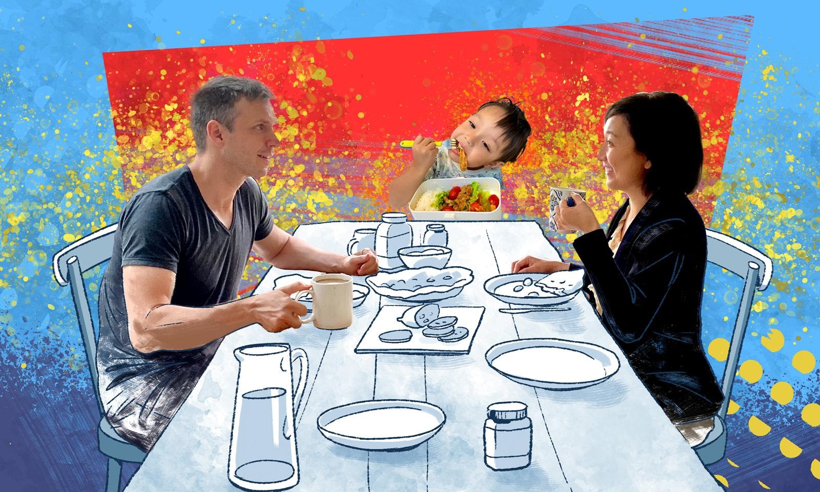 Two people and their toddler eat at a table. The table is an illustration.