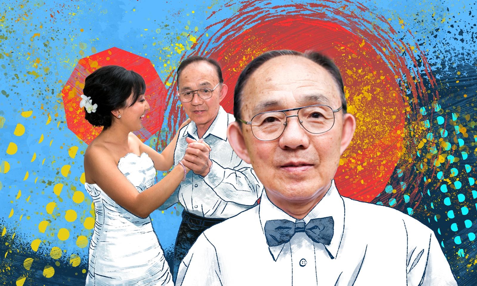 A women wears a wedding dress and smiles while dancing with her father. Colorful illustrations are behind them.