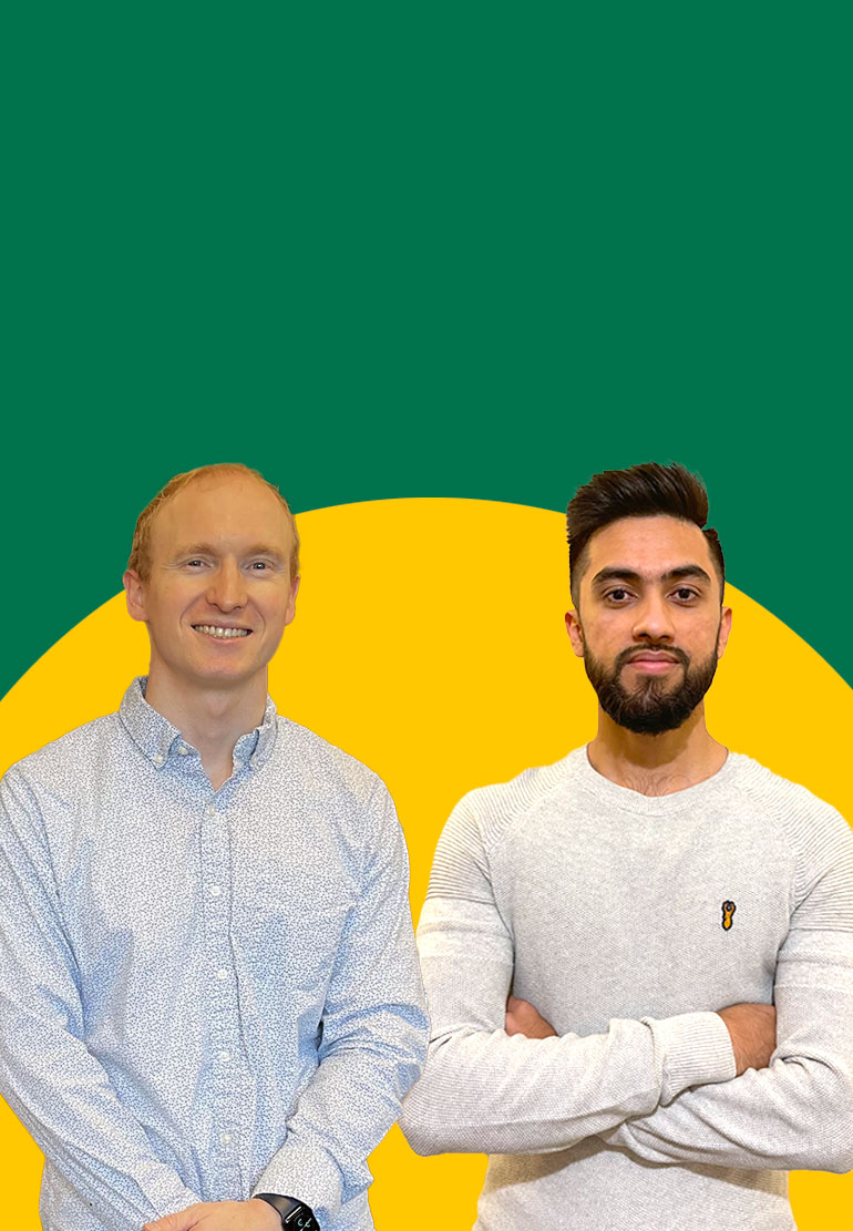 Two men's portraits on a yellow and green background.