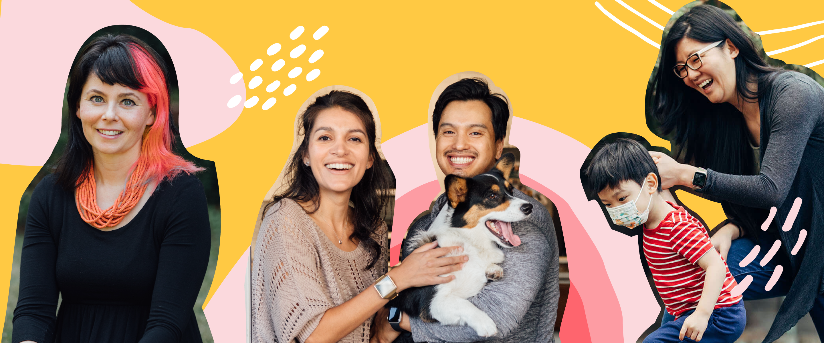 Cutouts of various smiling people and a dog on a yellow illustrative background.