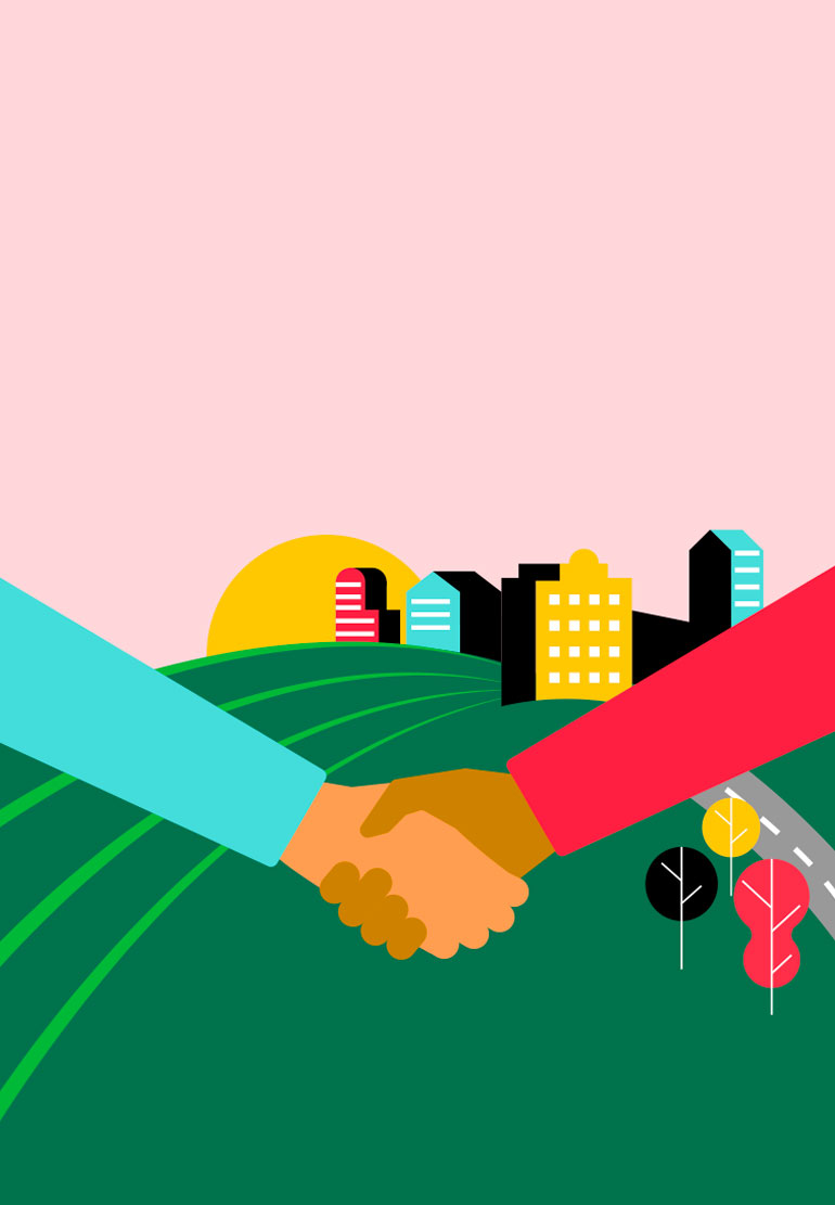 A colorful illustration of two hands shaking. Green fields and city buildings are in the background.