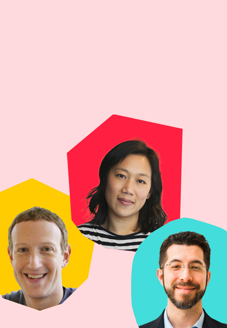 Headshots, from left to right, of Mark Zuckerberg, Priscilla Chan and Edward Boyden