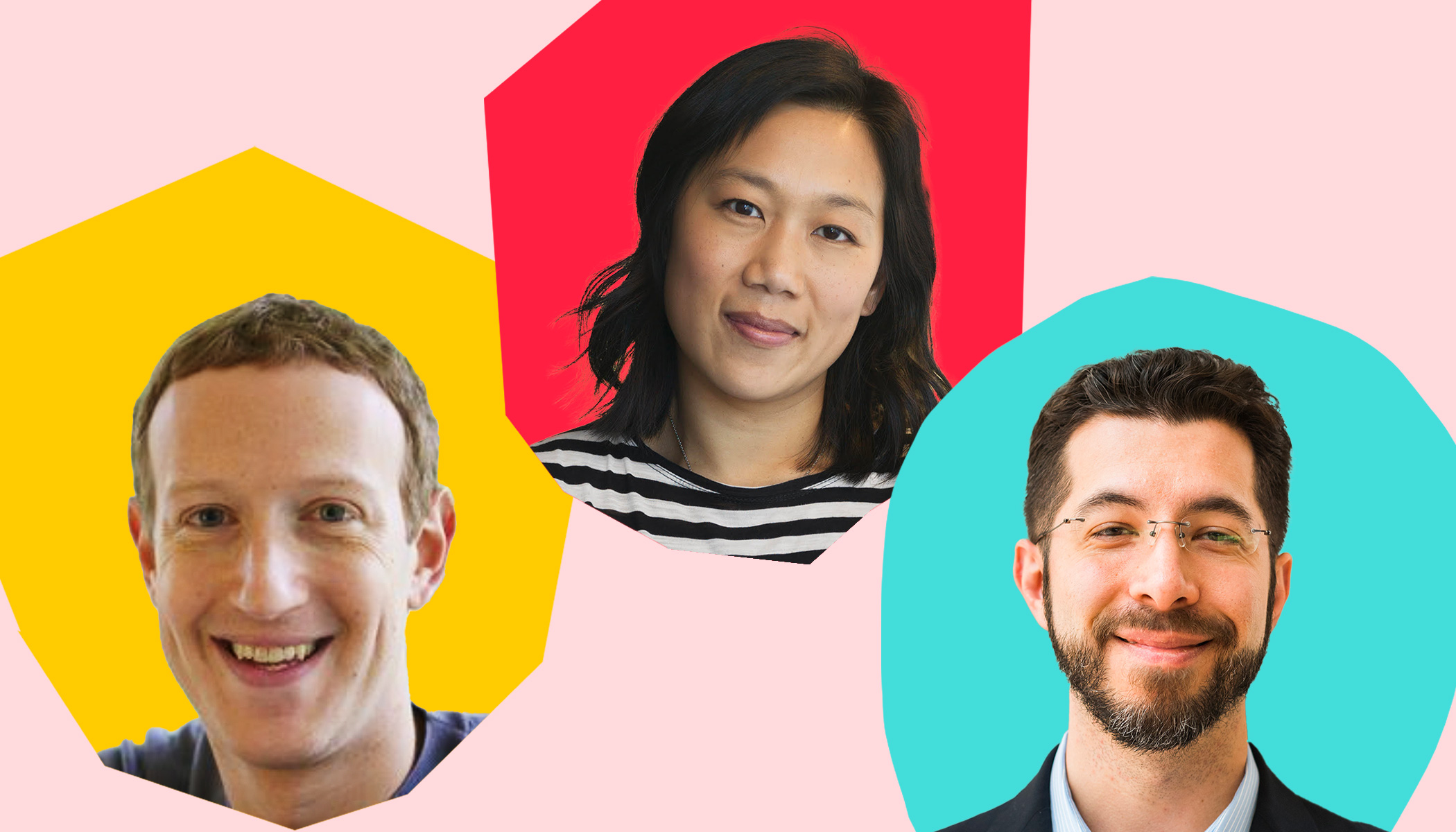 Headshots, from left to right, of Mark Zuckerberg, Priscilla Chan and Edward Boyden.