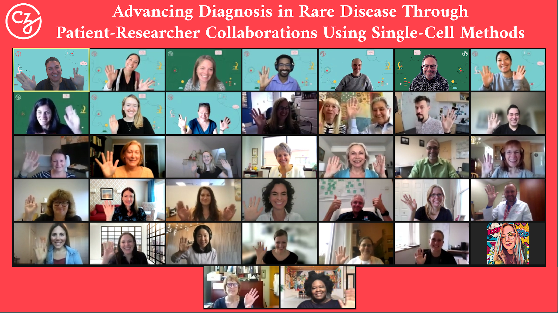 Participants at CZI’s Advancing Diagnosis in Rare Disease Through Patient-Researcher Collaborations Using Single-Cell Methods Workshop pose waving on the Zoom platform.