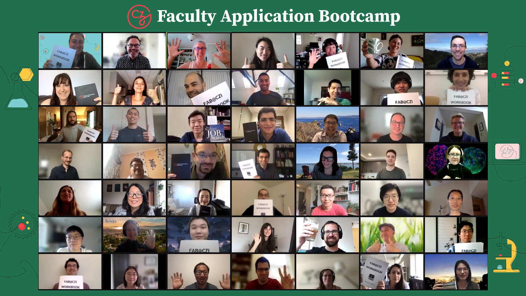 Participants at CZI’s Faculty Application Bootcamp pose waving on the Zoom platform.