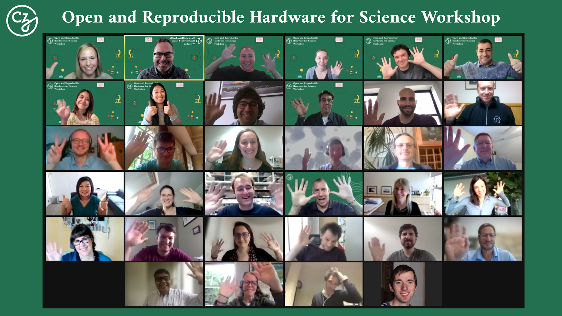 Participants at CZI’s virtual Open and Reproducible Hardware for Science Workshop pose waving on the Zoom platform.