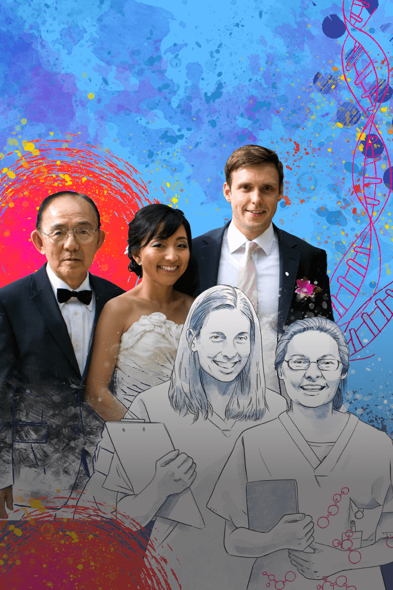 A colorful collage of a couple getting married, a man in a suit and two woman scientists.