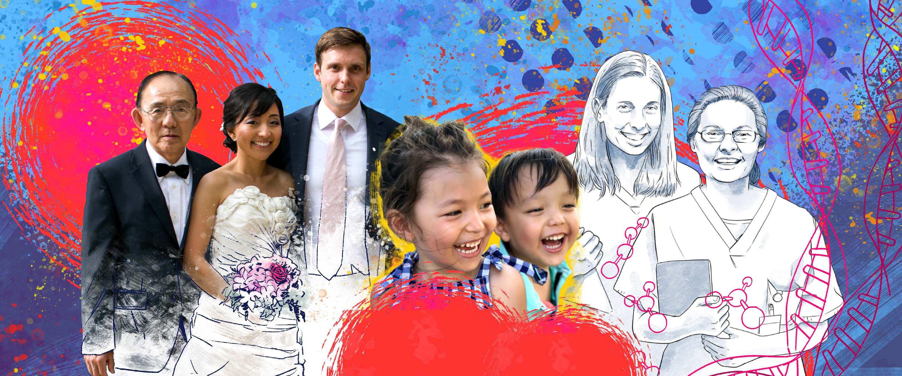 A colorful collage of a couple getting married, a man in a suit, laughing kids, and two woman scientists.