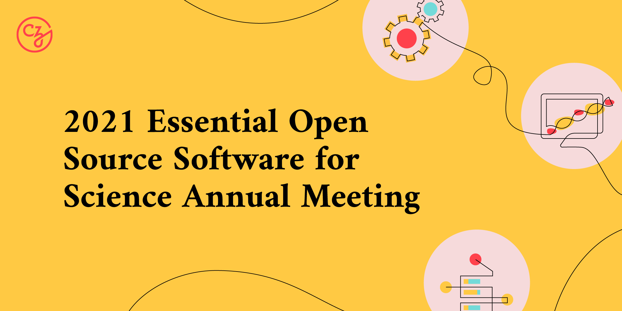 Text overlays a bright yellow background with graphical elements representing open science and reads, “2021 Essential Open Source Software for Science Annual Meeting.”