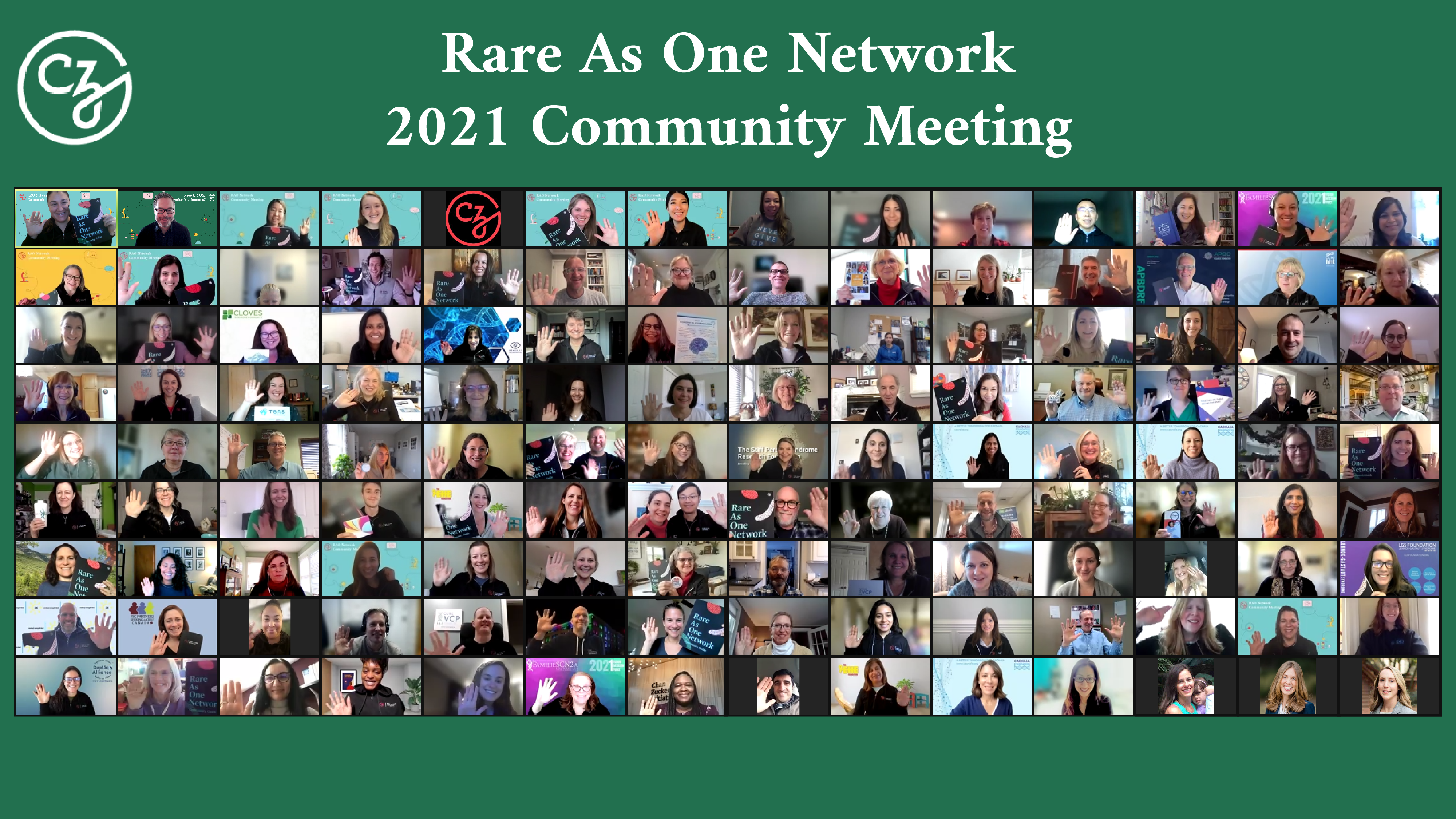 A group photo of participants waving on Zoom who attended CZI’s RAO Network 2021 Community Meeting.