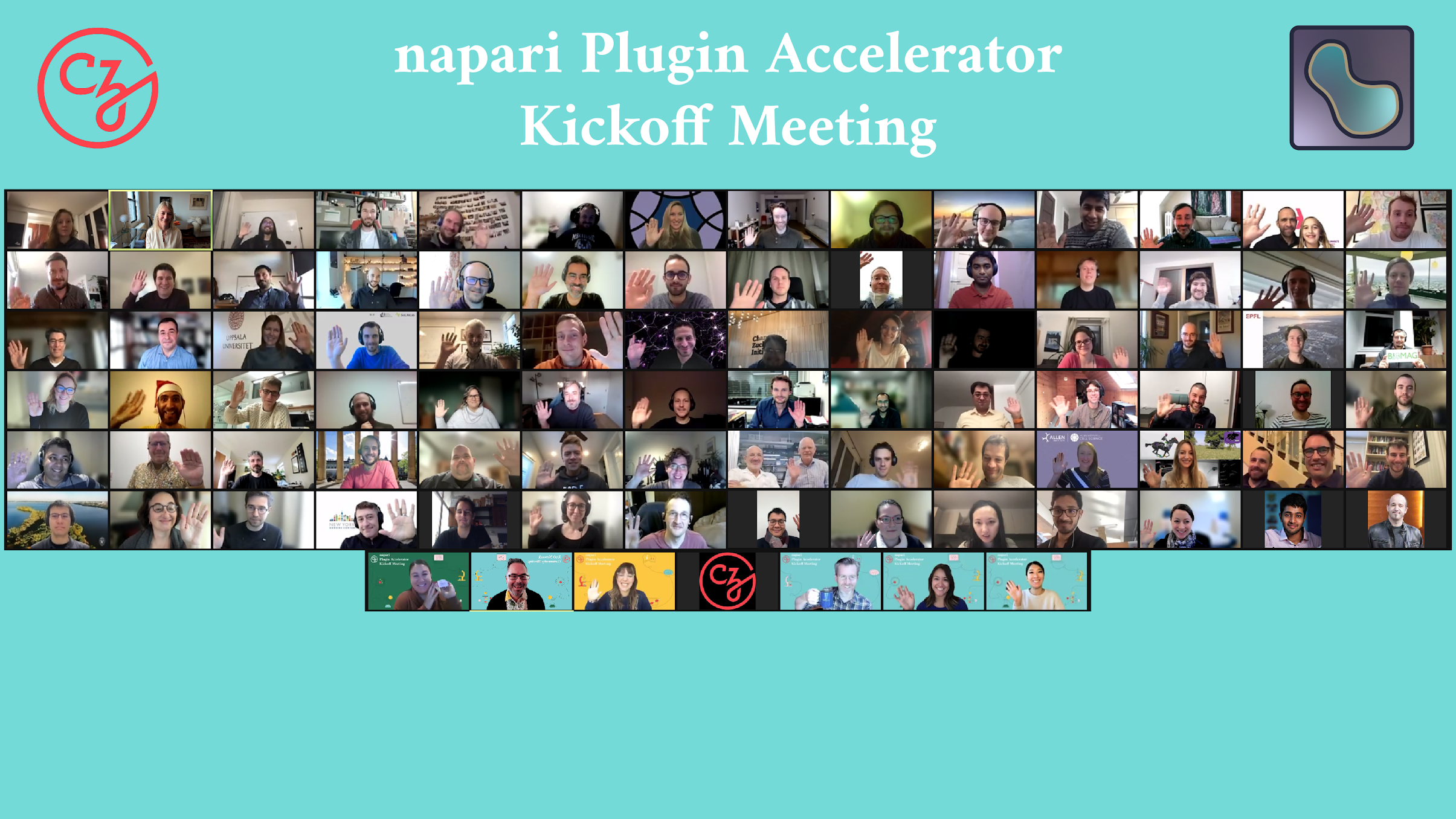 A group photo of participants waving on Zoom who attended CZI’s napari Plugin Accelerator Kickoff Meeting.