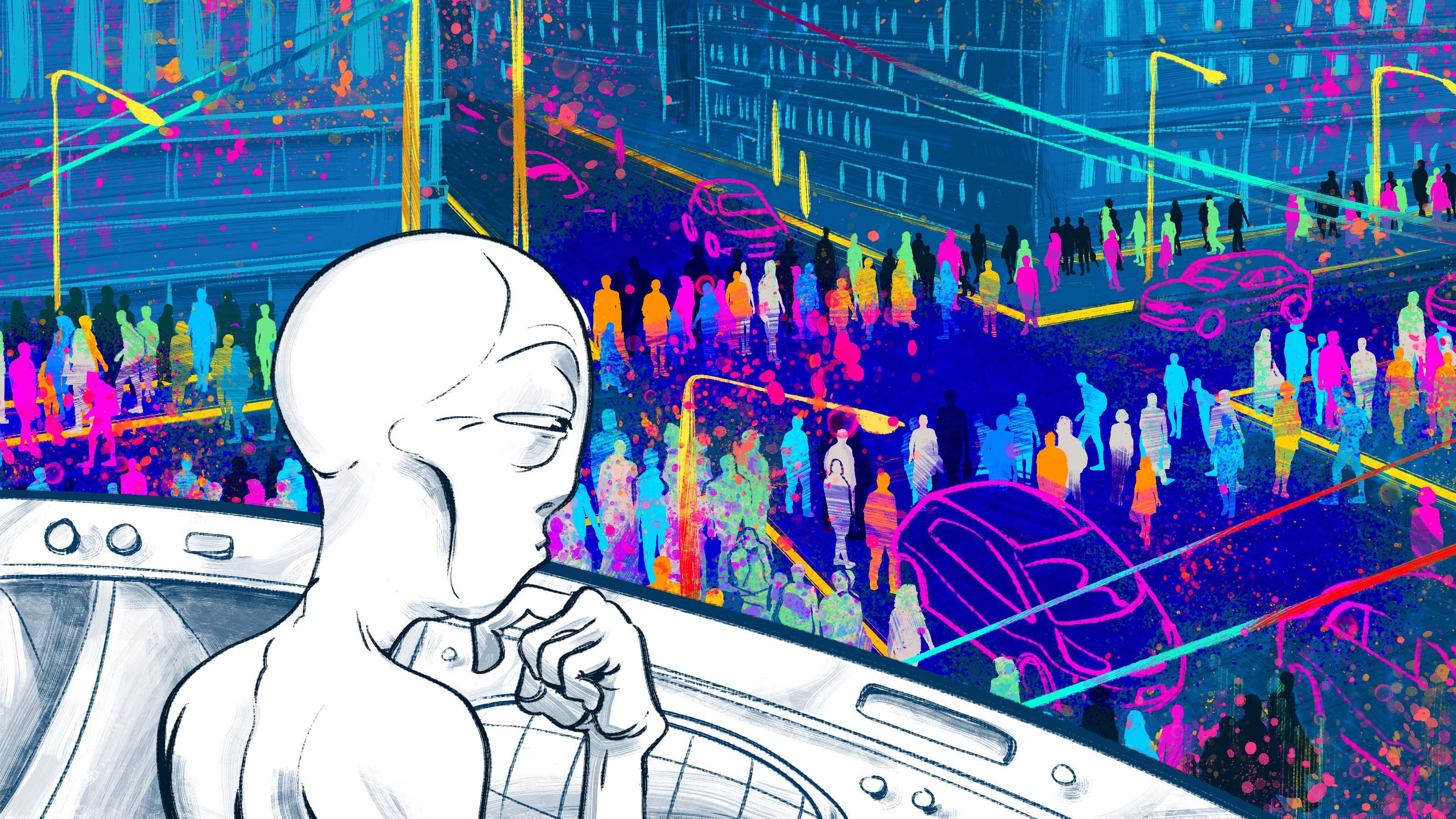 A colorful illustration of an alien looking out from a spaceship over a busy city intersection.