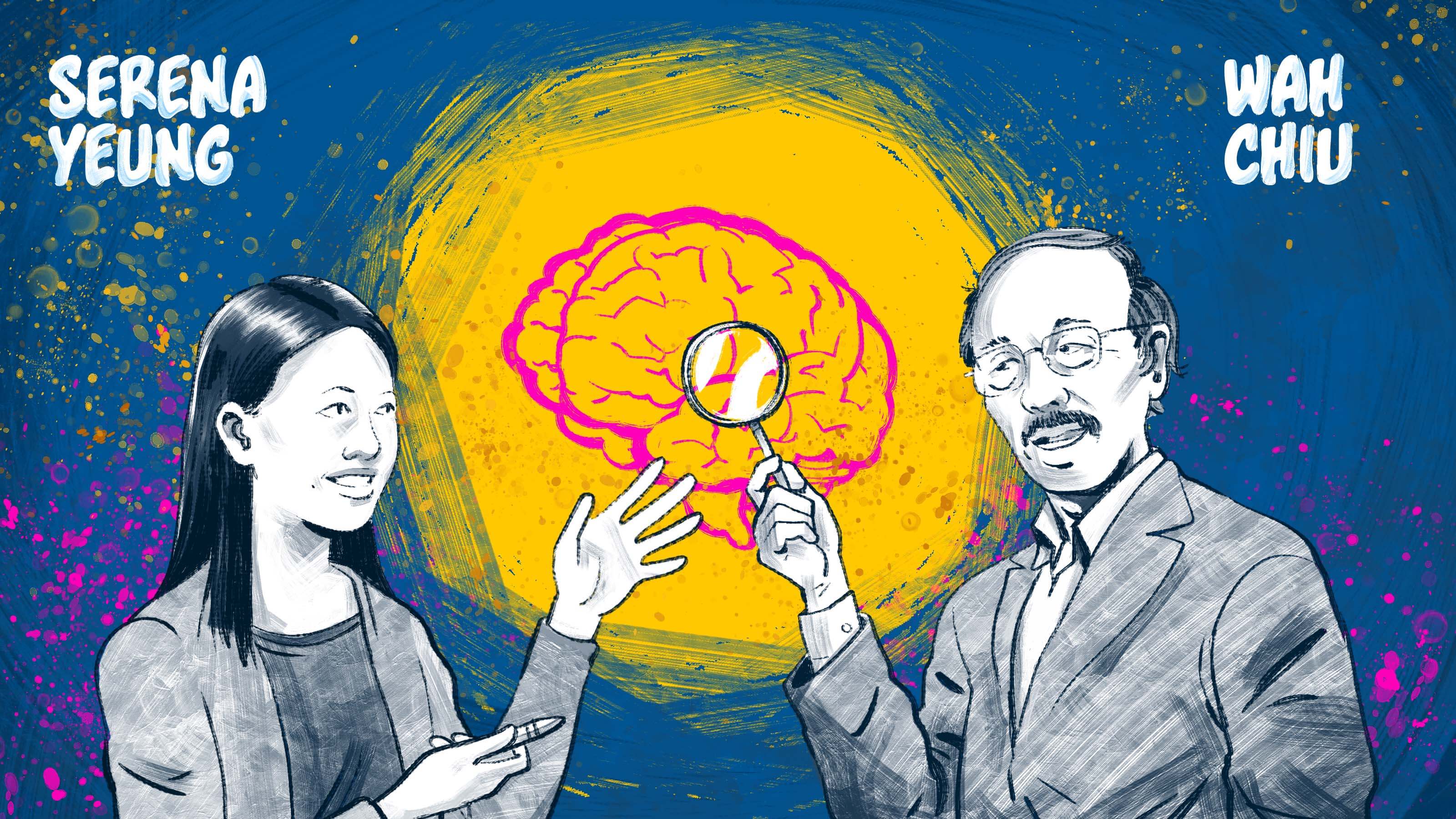 A colorful illustration of a woman pointing to a drawing of the brain and a man holding a magnifying glass.