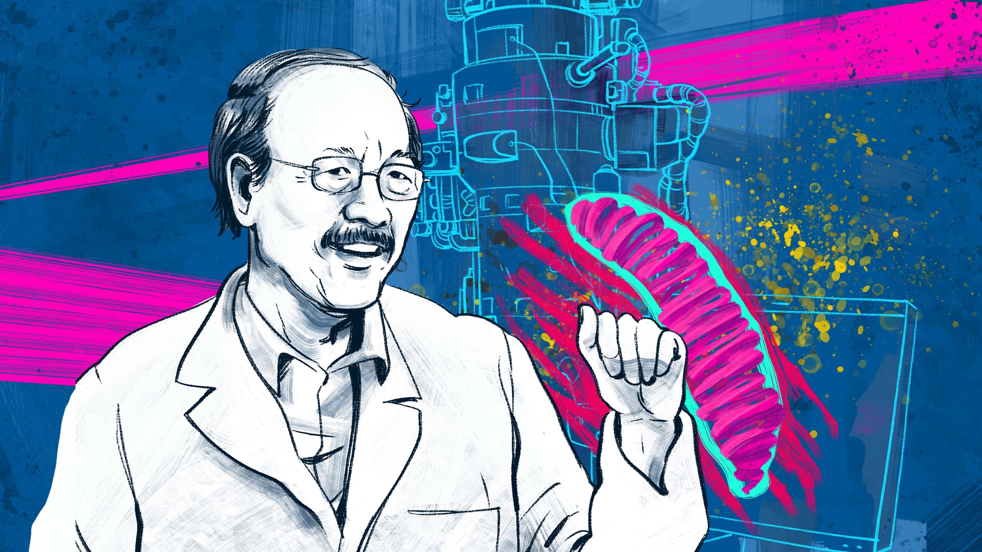 A colorful illustration of a man wearing glasses and a lab coat. Drawings of cells and science equipment are in the background.