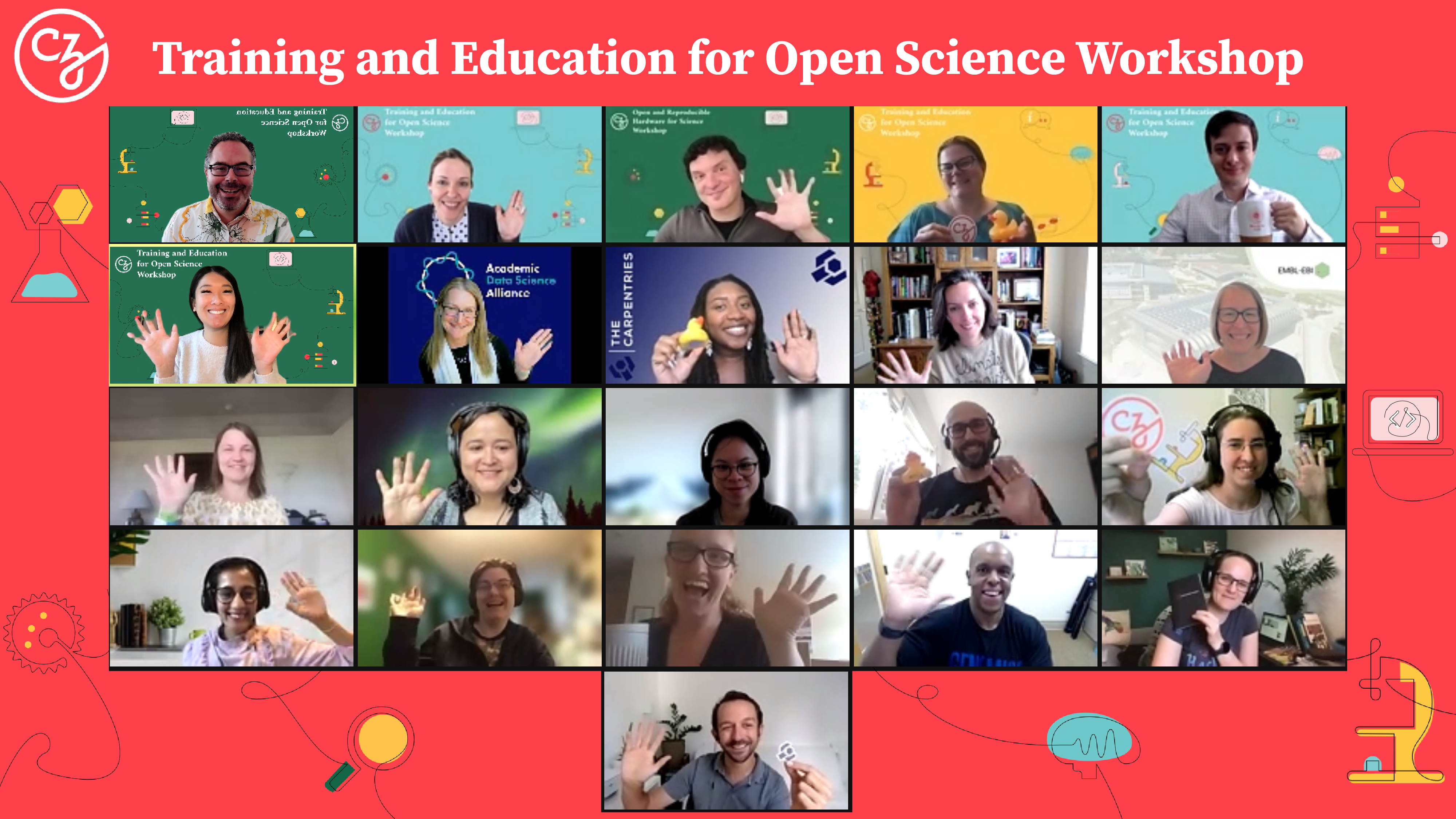A group photo of participants at CZI’s Training and Education for Open Science Workshop who pose on Zoom waving