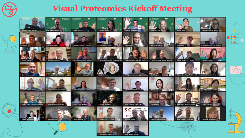 A group photo of participants from the shoulders up at CZI’s Visual Proteomics Kickoff Meeting who pose waving on Zoom.