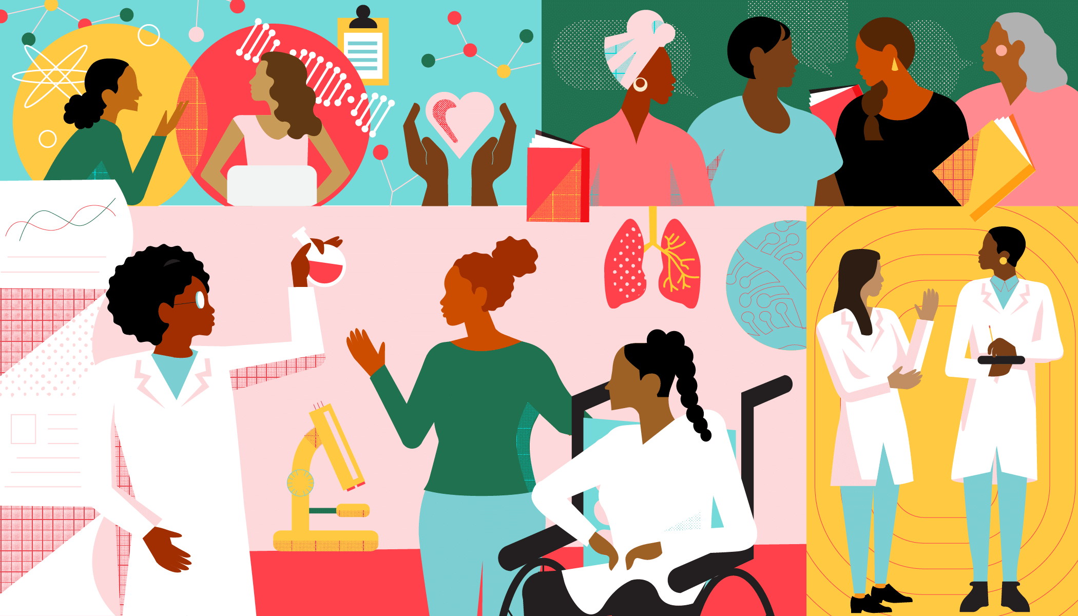 Colorful illustrations of community members and doctors who are women of color.