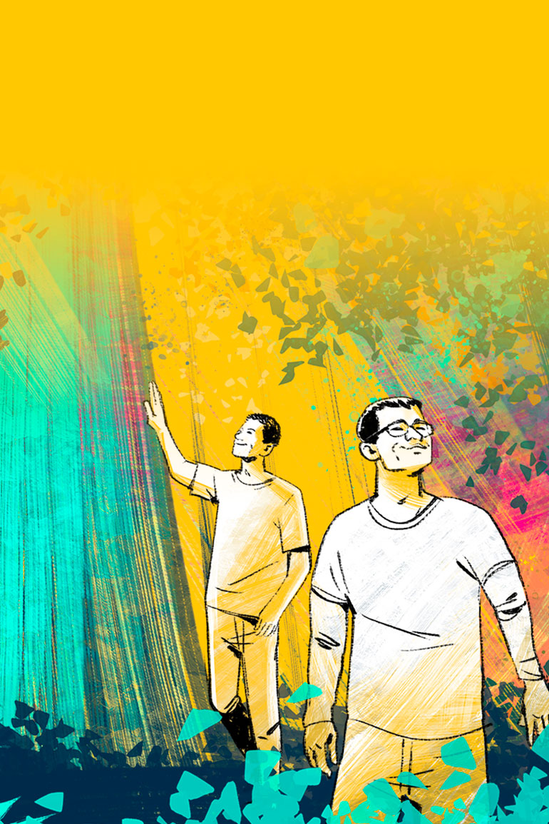 A colorful illustration of two men. One rests his hand on a large tree’s trunk. The other looks to the sky.