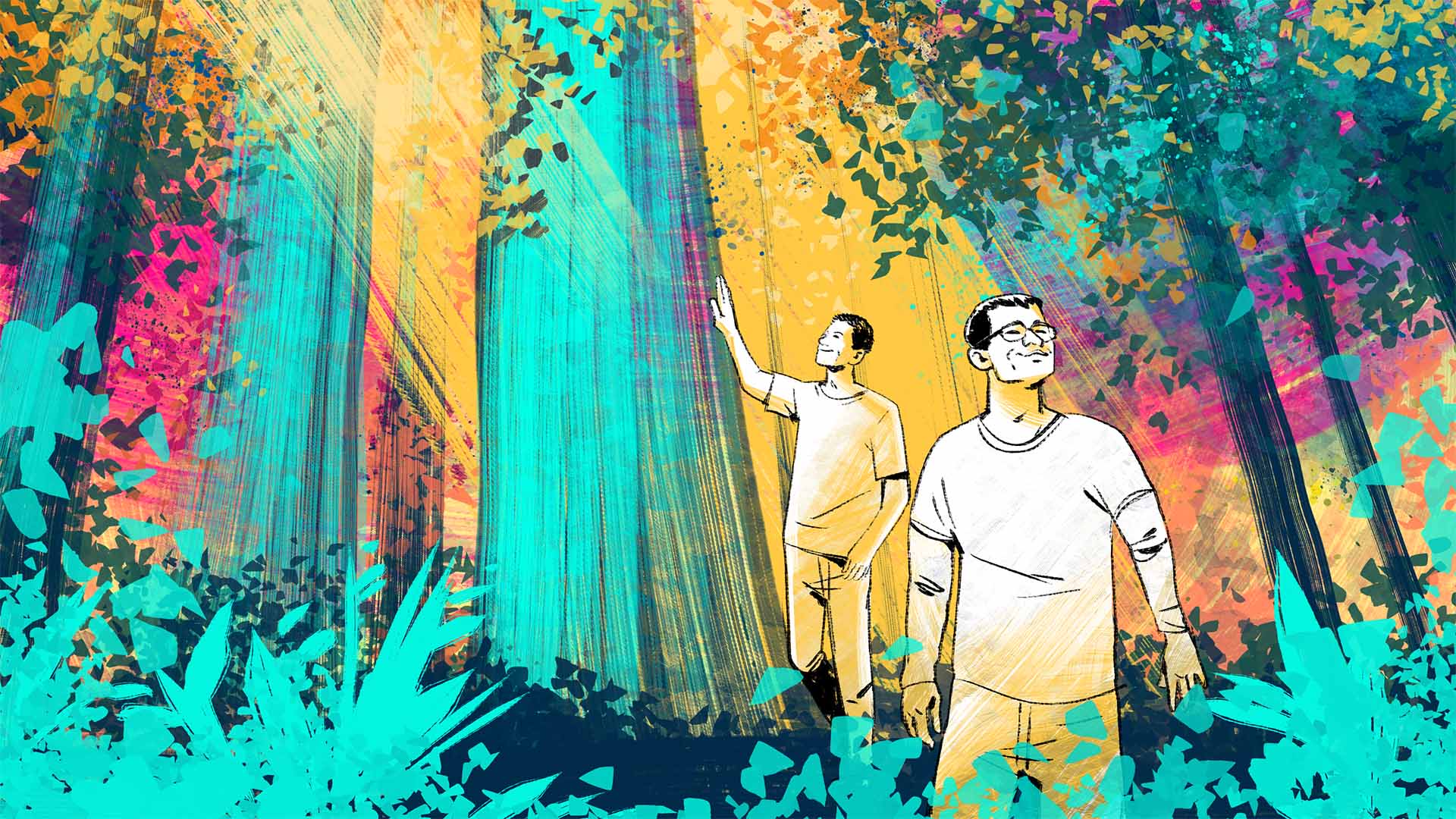 Illustration of two people in a colorful, verdant forest with the sun setting