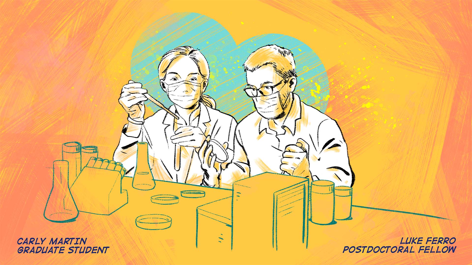 Illustration of two people in white lab coats with masks on, sitting in a lab working on a research project