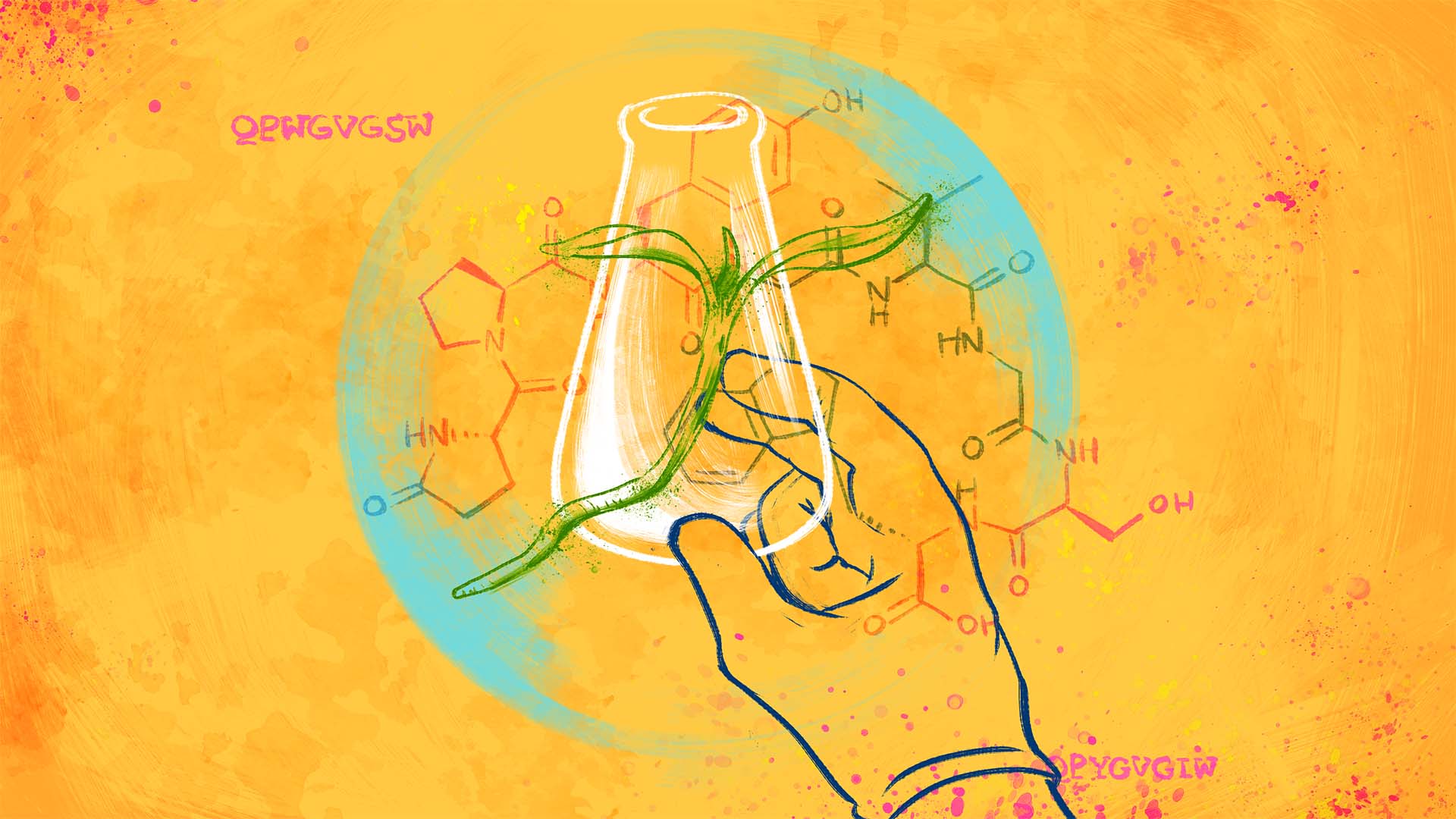 Illustration of a test tube overlaid with an illustration of a hand, plant, and chemical compound