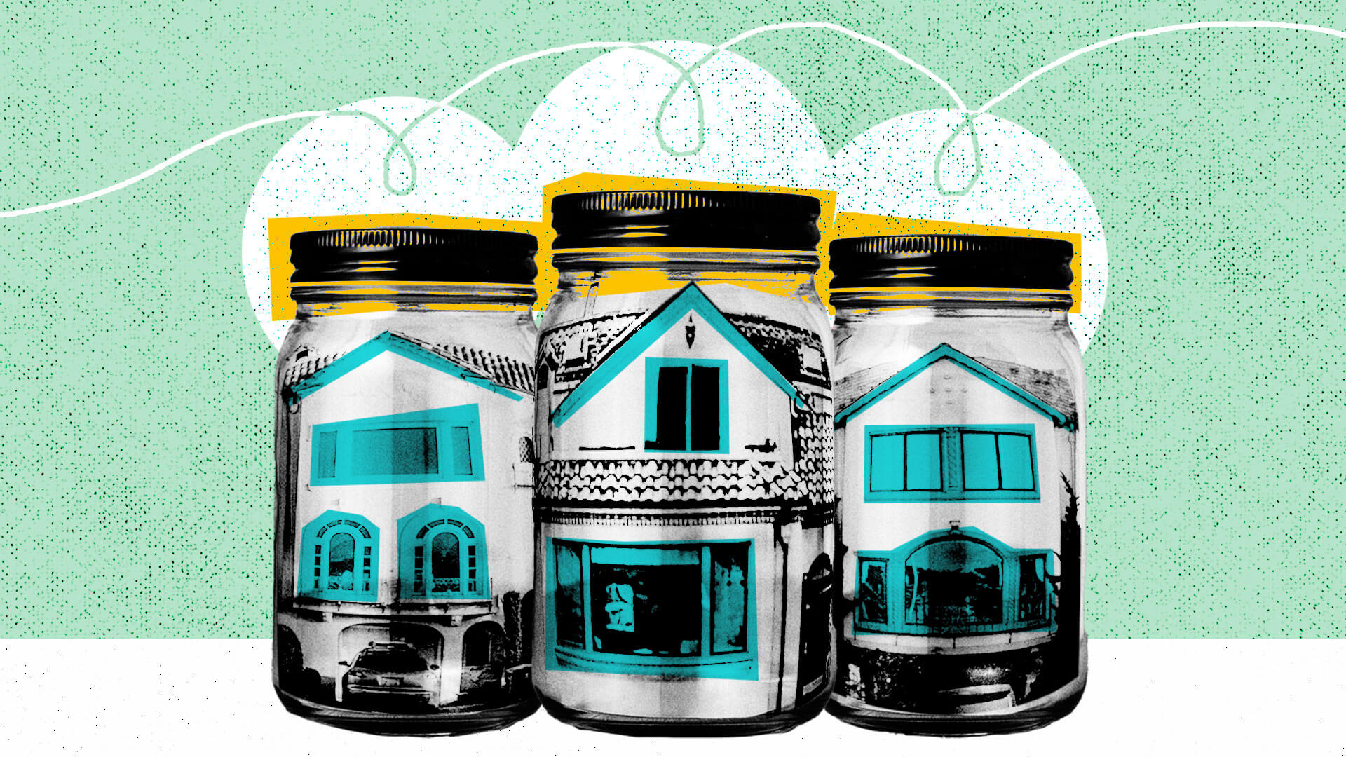 Images of houses in mason jars.
