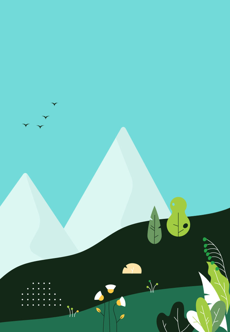 A bright, colorful mountainscape illustration representing the benefits of carbon dioxide removal.