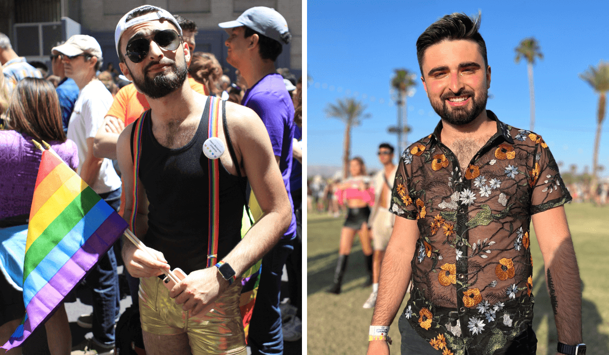 Side-by-side photos of Daniel holding a rainbow Pride flag and Daniel smiling while wearing a floral shirt.