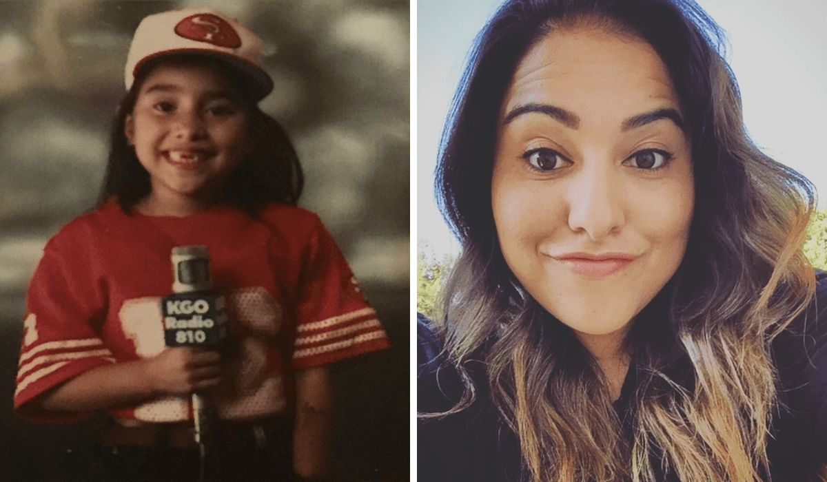 A photo of a young Jandi wearing a San Francisco 49ers hat and jersey next to a headshot of Jandi as an adult.