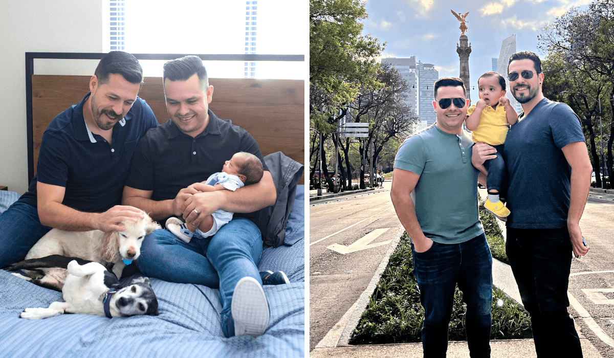 Side-by-side photos of Rodolfo, his husband, their baby and two dogs, next to a portrait of Rodoflo and his husband holding their son.