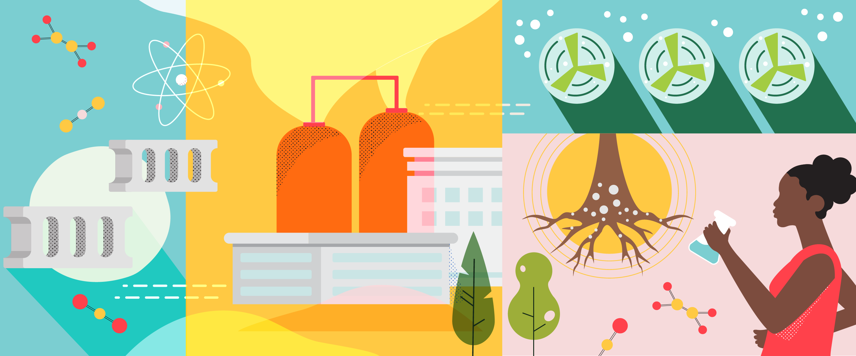 A colorful collage of science- and climate-related illustrations including trees, factories, a female scientist, wind turbines, climate-friendly concrete bricks, and cells.