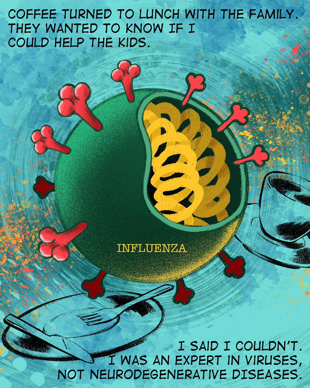 Illustration of influenza, in the background is a coffee cup and plate with knife and fork